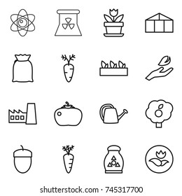 thin line icon set : atom, nuclear power, flower, greenhouse, flour, carrot, seedling, hand leaf, factory, tomato, watering can, garden, acorn, fertilizer, ecology