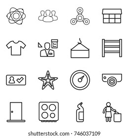 thin line icon set : atom, group, spinner, market, t shirt, architector, loading crane, rack, check in, starfish, barometer, surveillance camera, door, hob, toilet cleanser, garbage bin