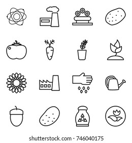 thin line icon set : atom, factory, flower bed, potato, tomato, carrot, seedling, sprouting, sow, watering can, acorn, fertilizer, ecology