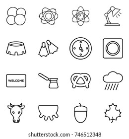 thin line icon set : atom core, table lamp, stadium, flippers, watch, ring button, welcome mat, turk, pretzel, rain cloud, cow, udder, acorn, maple leaf
