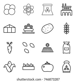 thin line icon set : atom core, nuclear power, factory, greenhouse, flower bed, potato, spikelets, carrot, seeds, field, flour, corn, seedling, tomato, fertilizer