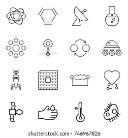 thin line icon set : atom, hex molecule, satellite antenna, round flask, around, laser, quantum bond, lunar rover, dna modify, cpu, electrostatic, cardio chip, acid, thermometer, microb