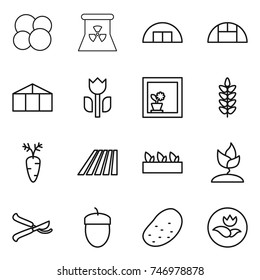 thin line icon set : atom core, nuclear power, hangare, greenhouse, perishable, flower in window, spikelets, carrot, field, seedling, sprouting, pruner, acorn, potato, ecology