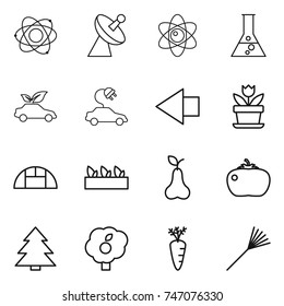thin line icon set : atom, satellite antenna, flask, eco car, electric, left arrow, flower, greenhouse, seedling, pear, tomato, spruce, garden, carrot, rake