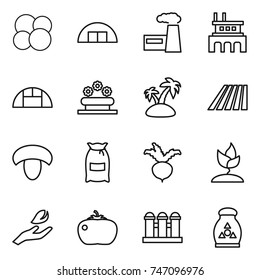 thin line icon set : atom core, hangare, factory, greenhouse, flower bed, island, field, mushroom, flour, beet, sprouting, hand leaf, tomato, grain elevator, fertilizer