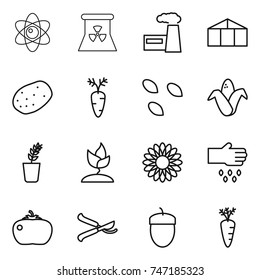 thin line icon set : atom, nuclear power, factory, greenhouse, potato, carrot, seeds, corn, seedling, sprouting, flower, sow, tomato, pruner, acorn