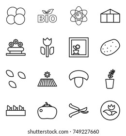 thin line icon set : atom core, bio, greenhouse, flower bed, perishable, in window, potato, seeds, field, mushroom, seedling, tomato, pruner, ecology
