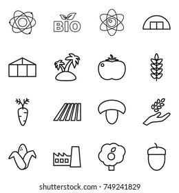 thin line icon set : atom, bio, hangare, greenhouse, island, tomato, spikelets, carrot, field, mushroom, harvest, corn, factory, garden, acorn