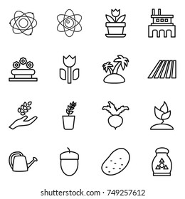 thin line icon set : atom, flower, factory, bed, perishable, island, field, harvest, seedling, beet, sprouting, watering can, acorn, potato, fertilizer