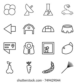 thin line icon set : atom core, satellite antenna, flask, electric car, left arrow, barn, greenhouse, stadium, location details, life vest, flower in window, lemon, pear, carrot, peas, rake