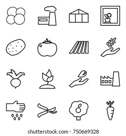 thin line icon set : atom core, factory, greenhouse, flower in window, potato, tomato, field, harvest, beet, sprouting, hand leaf, sow, pruner, garden, carrot