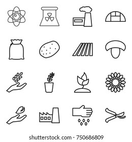 thin line icon set : atom, nuclear power, factory, greenhouse, flour, potato, field, mushroom, harvest, seedling, sprouting, flower, hand leaf, sow, pruner
