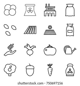 thin line icon set : atom core, nuclear power, factory, flour, seeds, field, harvest, beet, tomato, watering can, garden, acorn, carrot, fertilizer