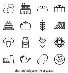 thin line icon set : atom core, factory, greenhouse, flower bed, tomato, spikelets, field, mushroom, flour, beet, watering can, potato, ecology