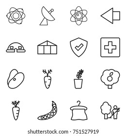 thin line icon set : atom, satellite antenna, left arrow, dome house, greenhouse, protected, first aid, beans, carrot, seedling, garden, peas, hanger, cleaning