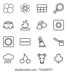 thin line icon set : atom core, market, magnifier, stadium, flammable, flippers, ring button, welcome mat, knife holder, turk, rain cloud, cherry, cow, maple leaf