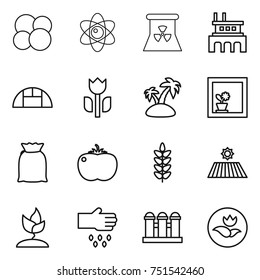 thin line icon set : atom core, nuclear power, factory, greenhouse, perishable, island, flower in window, flour, tomato, spikelets, field, sprouting, sow, grain elevator, ecology