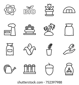 thin line icon set : atom, bio, flower, hangare, factory, bed, island, flour, corn, seedling, hand leaf, watering can, grain elevator, acorn, fertilizer