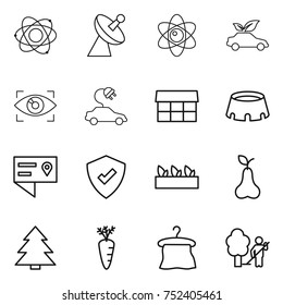 thin line icon set : atom, satellite antenna, eco car, eye identity, electric, market, stadium, location details, protected, seedling, pear, spruce, carrot, hanger, garden cleaning