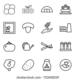 thin line icon set : atom core, bio, hangare, flower bed, in window, mushroom, harvest, factory, tomato, watering can, pruner, grain elevator, garden, potato, fertilizer, ecology