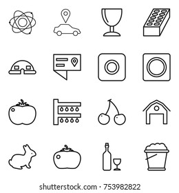 thin line icon set : atom, car pointer, wineglass, brick, dome house, location details, ring button, tomato, watering, cherry, barn, rabbit, wine, foam bucket