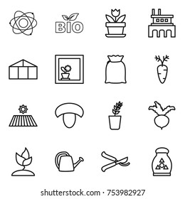 thin line icon set : atom, bio, flower, factory, greenhouse, in window, flour, carrot, field, mushroom, seedling, beet, sprouting, watering can, pruner, fertilizer