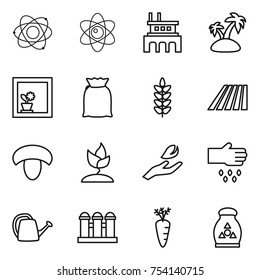 thin line icon set : atom, factory, island, flower in window, flour, spikelets, field, mushroom, sprouting, hand leaf, sow, watering can, grain elevator, carrot, fertilizer