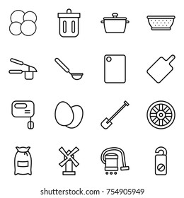 thin line icon set : atom core, bin, pan, colander, garlic clasp, ladle, cutting board, mixer, eggs, shovel, wheel, flour, windmill, vacuum cleaner, do not distrub