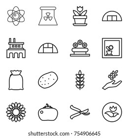 thin line icon set : atom, nuclear power, flower, hangar, factory, greenhouse, bed, in window, flour, potato, spikelets, harvest, tomato, pruner, ecology