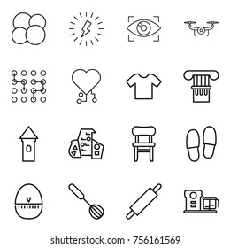 Thin line icon set : atom core, lightning, eye identity, drone, chip, cardio, t shirt, column, tower, modern architecture, chair, slippers, egg timer, whisk, rolling pin, food processor