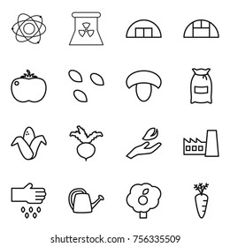 Thin line icon set : atom, nuclear power, hangare, greenhouse, tomato, seeds, mushroom, flour, corn, beet, hand leaf, factory, sow, watering can, garden, carrot