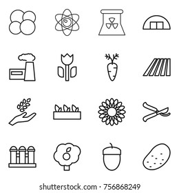 Thin line icon set : atom core, nuclear power, hangare, factory, perishable, carrot, field, harvest, seedling, flower, pruner, grain elevator, garden, acorn, potato