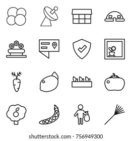 Thin line icon set : atom core, satellite antenna, market, dome house, flower bed, location details, protected, in window, carrot, lemon, seedling, tomato, garden, peas, trash, rake