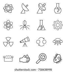 Thin line icon set : atom, satellite antenna, round flask, virus, around, nuclear, telescope, quantum bond, ufo, electrostatic, acid, viruses, microb