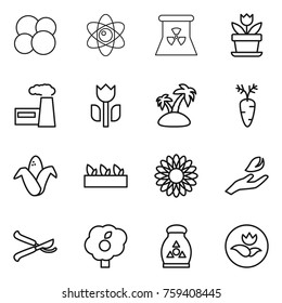 Thin line icon set : atom core, nuclear power, flower, factory, perishable, island, carrot, corn, seedling, hand leaf, pruner, garden, fertilizer, ecology