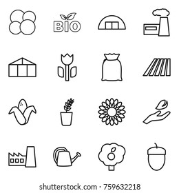 Thin line icon set : atom core, bio, hangare, factory, greenhouse, perishable, flour, field, corn, seedling, flower, hand leaf, watering can, garden, acorn