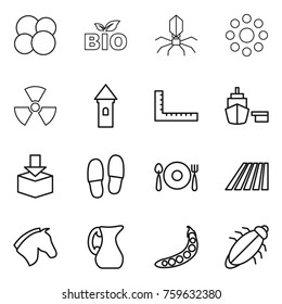 Thin line icon set : atom core, bio, virus, round around, nuclear, tower, ruler, port, package, slippers, fork spoon plate, field, horse, jug, peas, bug
