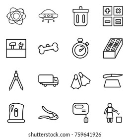 Thin line icon set : atom, ufo, bin, calculator, tools, bone, stopwatch, brick, drawing compasses, shipping, flippers, cutting board, kettle, walnut crack, mixer, garbage