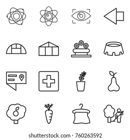 Thin line icon set : atom, eye identity, left arrow, greenhouse, flower bed, stadium, location details, first aid, seedling, pear, garden, carrot, hanger, cleaning