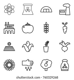 Thin line icon set : atom, nuclear power, hangare, factory, tomato, spikelets, carrot, field, corn, seedling, beet, flower, sow, garden, fertilizer