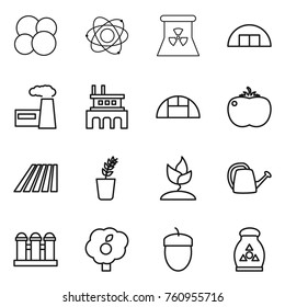 Thin line icon set : atom core, nuclear power, hangare, factory, greenhouse, tomato, field, seedling, sprouting, watering can, grain elevator, garden, acorn, fertilizer