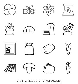Thin line icon set : atom core, bio, nuclear power, flower, hangare, factory, island, in window, flour, potato, carrot, field, mushroom, tomato