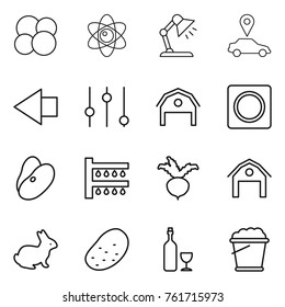Thin line icon set : atom core, table lamp, car pointer, left arrow, equalizer, barn, ring button, beans, watering, beet, rabbit, potato, wine, foam bucket