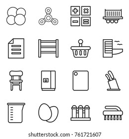 Thin line icon set : atom core, spinner, calculator, truck shipping, document, rack, basket, hotel, chair, fridge, cutting board, stands for knives, measuring cup, eggs, grain elevator, brush