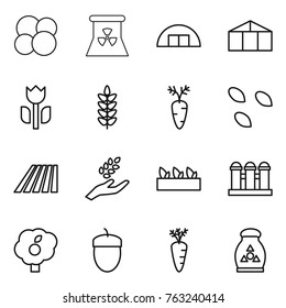 Thin line icon set : atom core, nuclear power, hangare, greenhouse, perishable, spikelets, carrot, seeds, field, harvest, seedling, grain elevator, garden, acorn, fertilizer