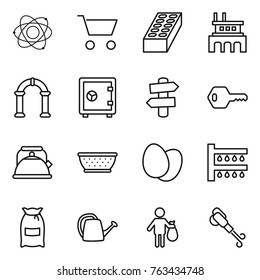 Thin line icon set : atom, cart, brick, factory, arch, safe, signpost, key, kettle, colander, eggs, watering, flour, can, trash, blower