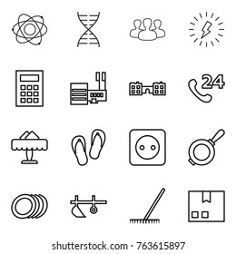 Thin line icon set : atom, dna, group, lightning, calculator, mall, school, phone 24, restaurant, flip flops, power socket, pan, plates, plow, rake, package