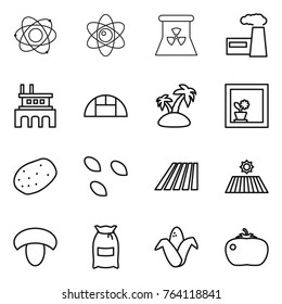 Thin line icon set : atom, nuclear power, factory, greenhouse, island, flower in window, potato, seeds, field, mushroom, flour, corn, tomato