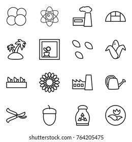 Thin line icon set : atom core, factory, greenhouse, island, flower in window, seeds, corn, seedling, watering can, pruner, acorn, fertilizer, ecology