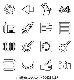 Thin line icon set : atom, left arrow, cleanser, bridge, phone, rocket, hotel, rack, radiator, pan, ring button, towel, udder, hand drop, toilet paper